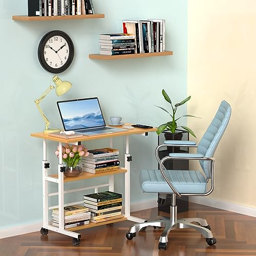 Image of PIPIPOXER 80 cm x 40 cm Computer Desk with Wheels, Laptop Table, Height Adjustable 74.5-95.5 cm, Small PC Table, Computer Desk, Standing Table, Mobile with 4 Wheels and 2 Shelves, Dark Wood