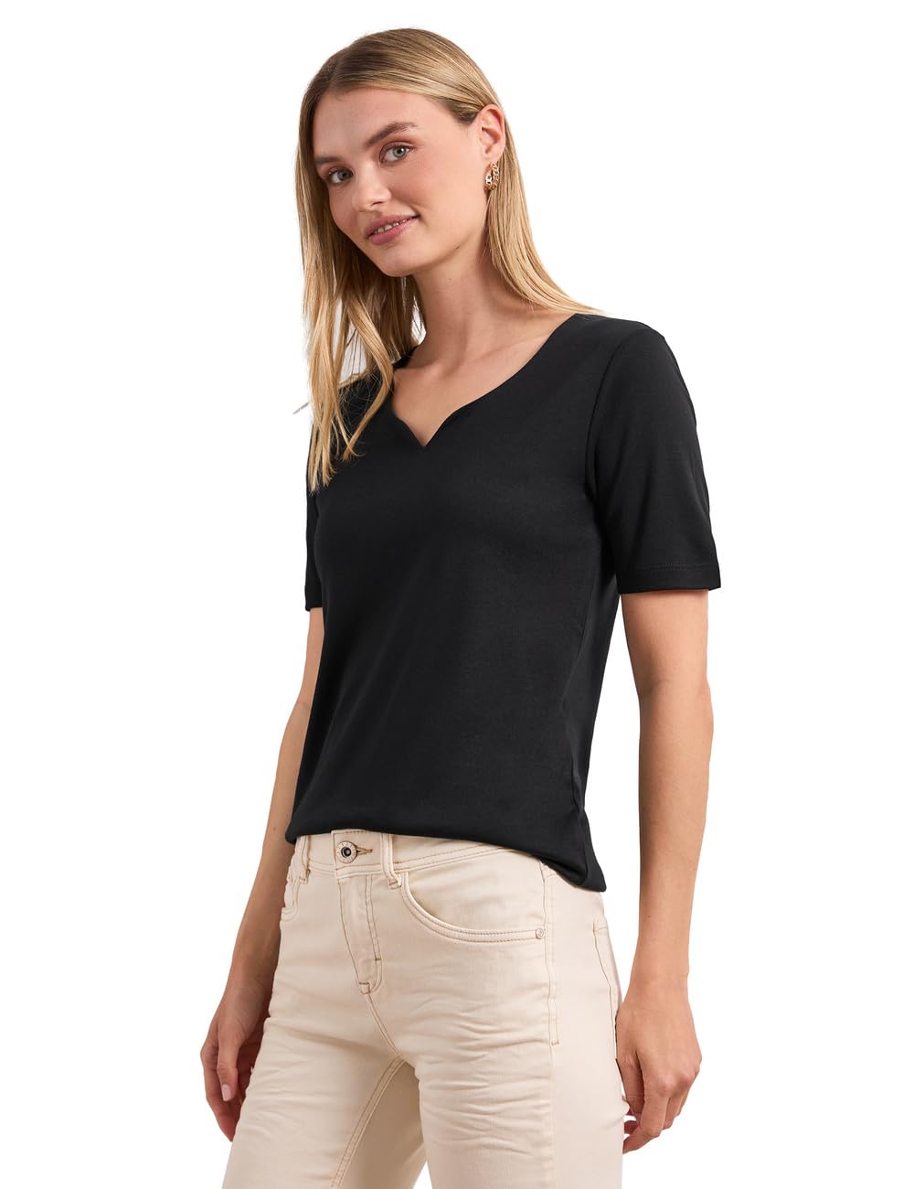 Street One Basic T-Shirt with Heart Neckline, Black, 42
