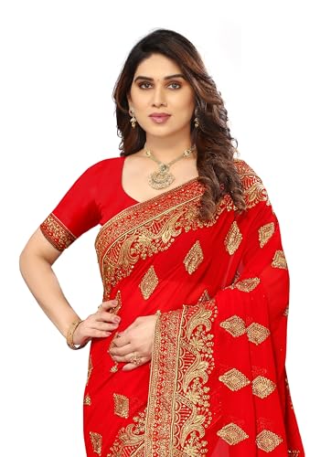 Image of B BELLA CREATION Women's Maroon Georgette Saree with Heavy Golden Embroidery Work & Unstitched Blouse Piece