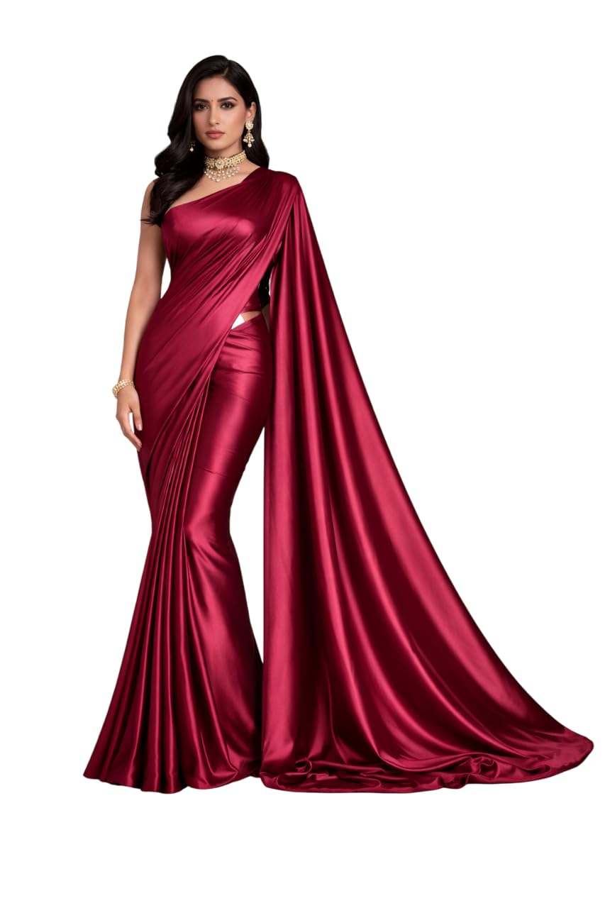 Women’s Premium Japan Satin Silk Plain Saree with Unstitched Blouse Piece – 5.5 Meters, Soft Smooth Finish, Elegant Solid Color Traditional Saree