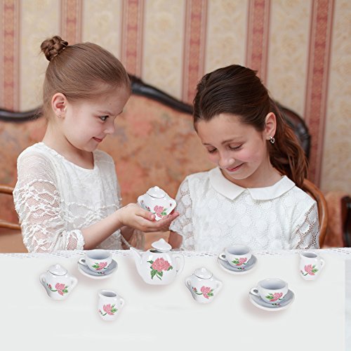 Rose Flower Ceramic Doll Tea Set 13 Pieces Includes