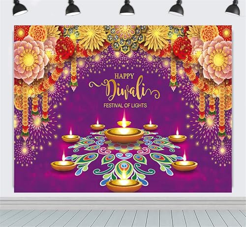 Image of 10x8ft Diwali Backdrop Fabric Purple Happy Diwali Festival of Lights Photography Background Extra Large Banner Room Decor