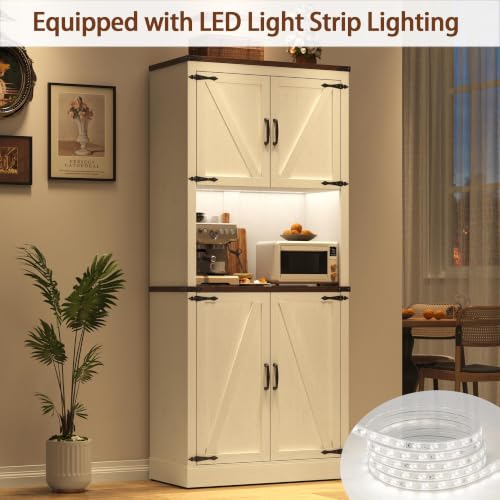 Image of 72 inch Tall Farmhouse Kitchen Pantry Cabinet with LED Light and Power Outlet,Modern Farmhouse Kitchen Storage Cabinet w Load-Bearing Steel Pipe,Barn Doors, Organizer,Food Pantry Cabinets(2PC White)
