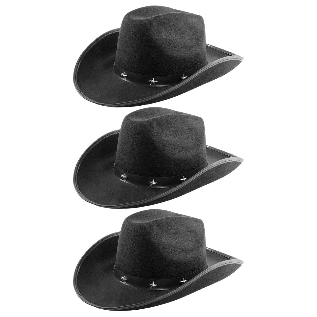 Black Cowboy Hats - Pack of 3 - Star Studded Felt Cowgirl Hats - Fun Wild West Fancy Dress Accessories for Hen Parties, Festivals, Events & Group Costumes