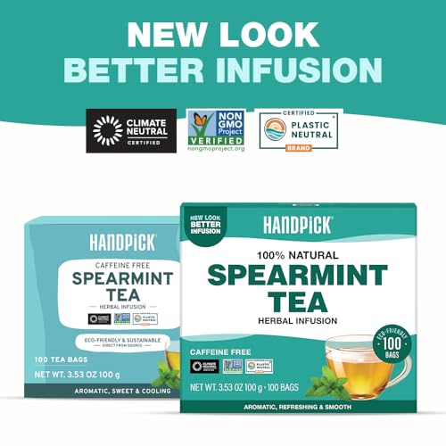 Image of HANDPICK, Spearmint Tea Bags (100 Herbal Tea Bags) |Refreshing Mint Tea | Non-GMO | Round Eco-Conscious Teabags (Pack of 2)