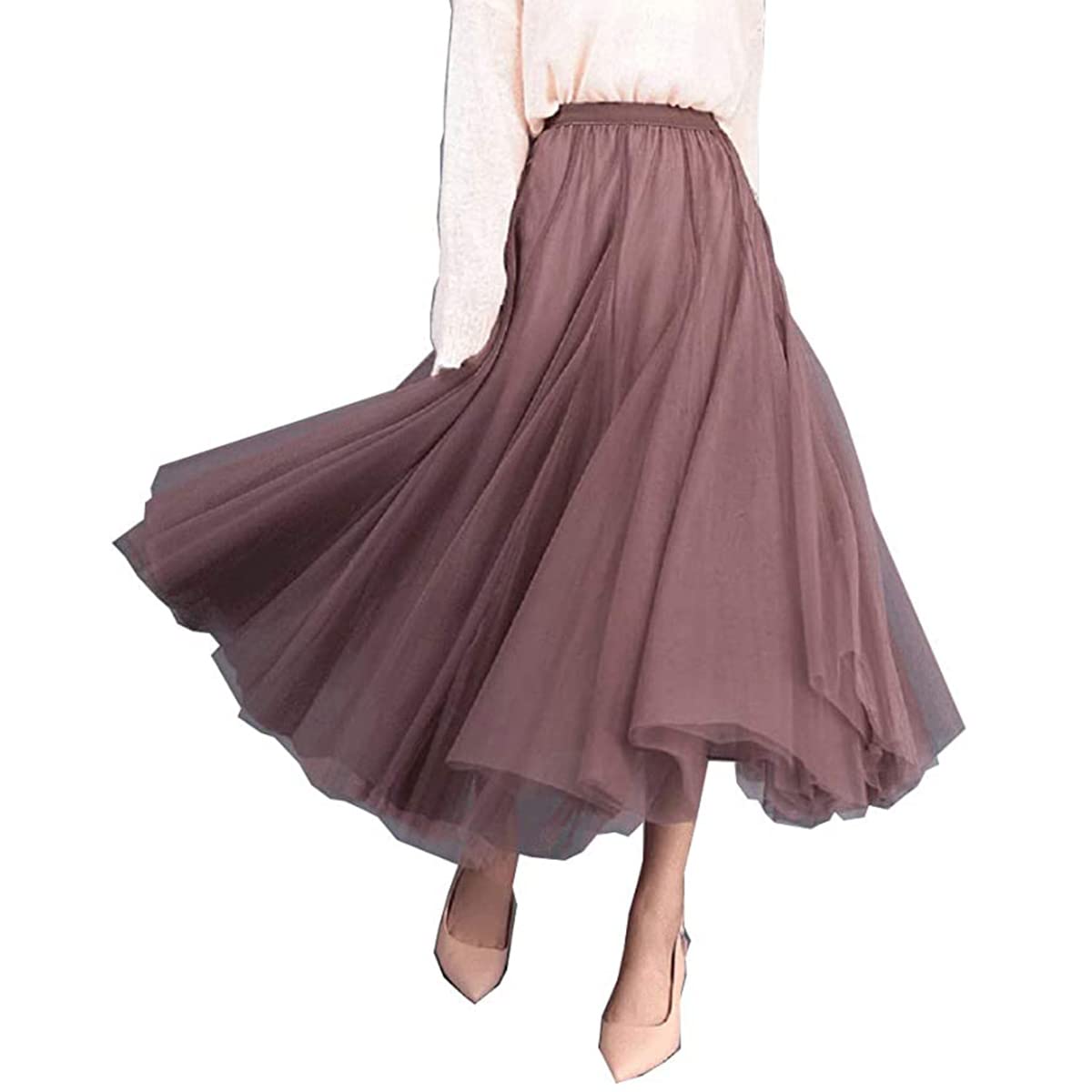 LeoyeeWomen's Tulle Skirt Elastic High Waist Solid Color Layered Noble Tulle A-Line Skirt Retro Chiffon Skirt Big Hem Pleated Skirt Girls Party Ball Dress Princess Skirt