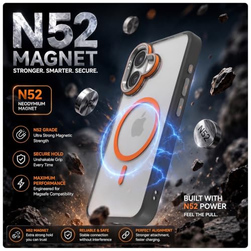 Image of Pikkme Back Cover for iPhone 16 Plus | Shockproof | Mag-Safe Compatible | Hard Transparent Back | Premium Raised Camera Protection | Bumper Case (Black & Orange Mag-Safe)