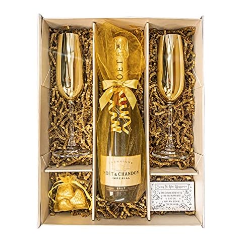 Moët & Chandon Imperial 75cl Champagne Gift Set Hamper With Two Matching Metallic Gold Glass Champagne Flutes, Chocolates and Gift Box - Golden Wedding Gift For Him and Her (Gold Metallic Tops) Cover