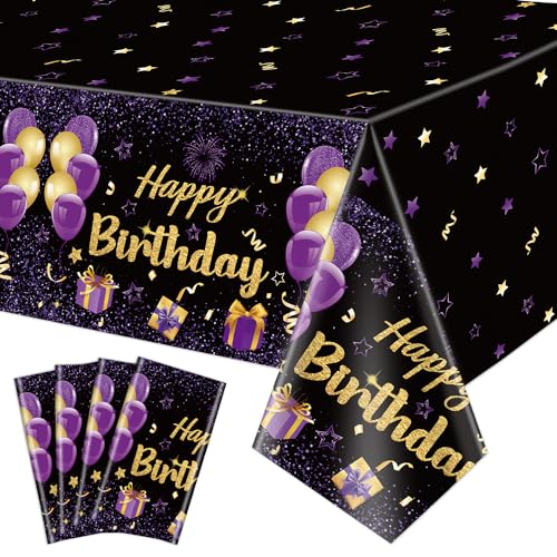QUERICKY 4 Pack Black Purple Happy Birthday Tablecloths, 51x87'' Plastic Disposable Rectangle Purple Gold Birthday Party Table Covers for Women Girls Birthday Party Decorations Supplies