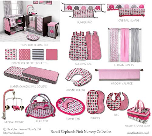 Bacati - Elephant Pink, Fuchsia, Grey 100% Cotton Girls Universal Baby Crib Or Toddler Bed Fitted Sheet #TOP5