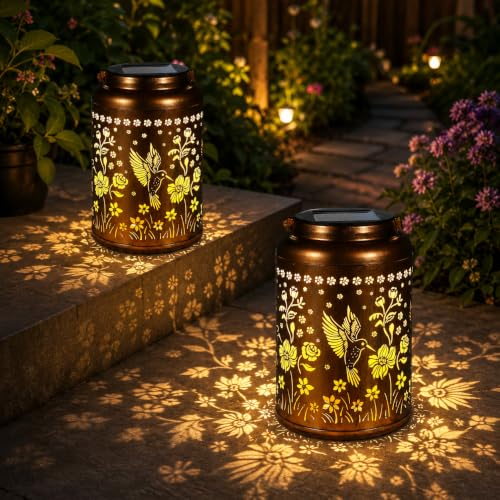 Image of Solar Hanging Lantern Outdoor Waterproof, Metal Jar Light with Hummingbird Floral Cut Design, Warm LED Decorative Garden Light for Balcony, Patio, Yard & Gift for Mothers Day (2)