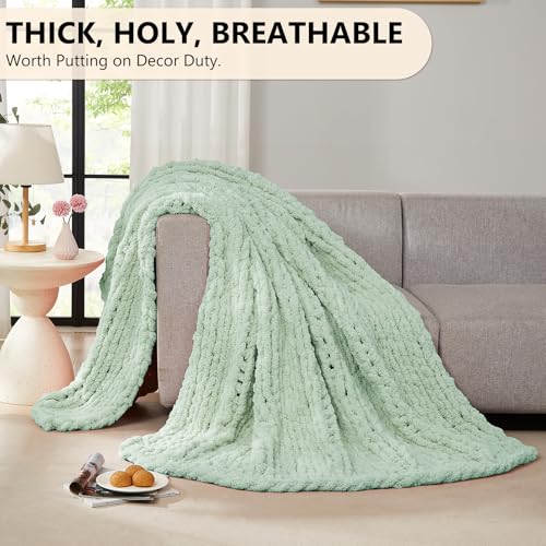 Image of L'AGRATY Chunky Knit Throw Blanket for Couch, 60 x 80 Inches, Milky Green