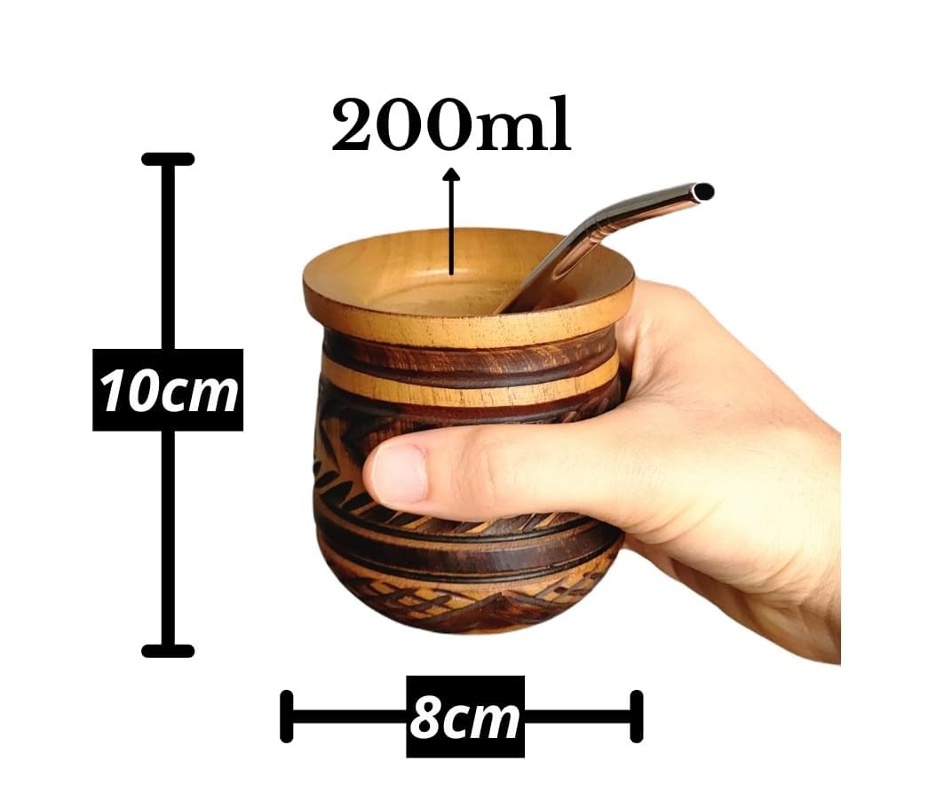 Vaso Mate Argentino Original, Hecho a mano en Madera de Algarrobo Tallado a Mano por Artesanos Argentinos Premium (Tallado a Mano)