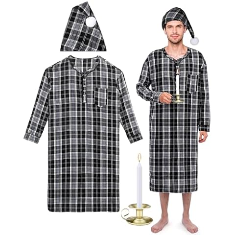Cuffbow 4 Pcs Christmas Men's Cotton Flannel Nightshirt Set Includes Men Flannel Long Sleeve Nightgown Cap Candle and Holder(Black) Cover