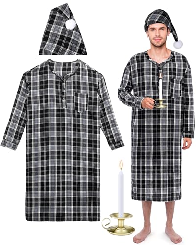 Cuffbow 4 Pcs Christmas Men's Cotton Flannel Nightshirt Set Includes Men Flannel Long Sleeve Nightgown Cap Candle and Holder