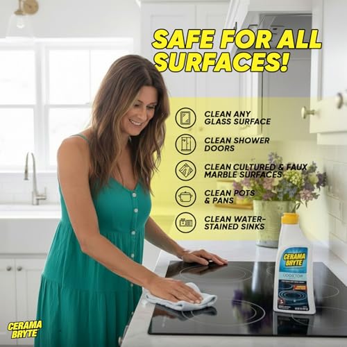 Cerama Bryte Glass Cooktop and Stove Top Cleaner Combo Kit - Includes Cleaning Tool, Razor, Scraper and 1 Pad to Remove Tough Stains - Use on Gas, Electric, Ceramic Surfaces, 10 Ounces, 4 Piece