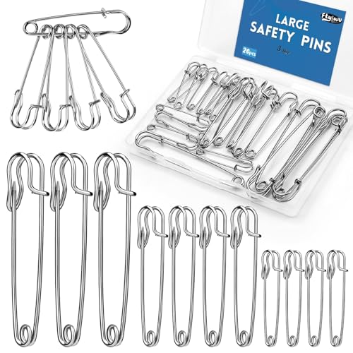 Ftyiwu Large Safety Pins, 20 Pack Heavy Duty Safety Pins 3 Size 2' 3' 4', Stainless Steel Safety Pin for Clothes, Blankets, Laundry, Leather Canvas, DIY Crafts (Silver)