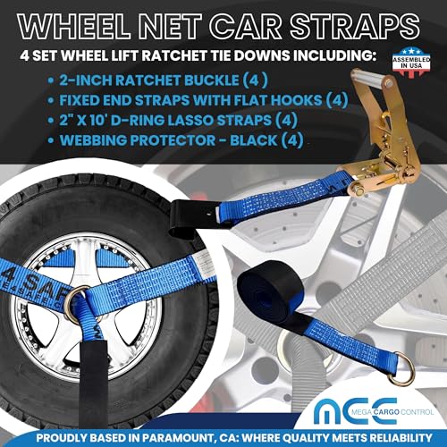 Image of Mega Cargo Control 4 Set 2 inch x 10' Wheel Lift D Ring Lasso Strap w / (4) 2 inch Ratchet, (4) Flat Hook, (4) Lasso Winch Sleeve Protector - (Gift) | Ratcheting Tow Truck & Hauling (Blue)