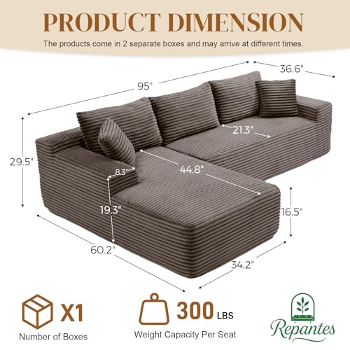 Image of 95 inch L Shaped Boneless Sectional Couches, Wide Armrest, Deep Seat, Memory Foam, Assembly Free, Modern Comfy Corduroy Fluffy Cloud Sofa with Left Chaise for Living Room, Small Spaces, Brown