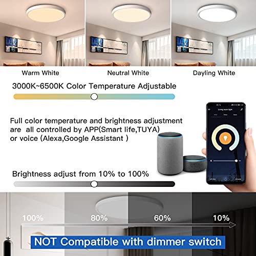 Ocioc 12 Inch Wifi Smart Flush Mount Ceiling Light Alexa Compatible,24W 2400Lm 3000K 5000K 6500K Color Changing, Super Bright Modern Low Profile Ceiling Light Fixture For Bedroom Living Kids Room #TOP5