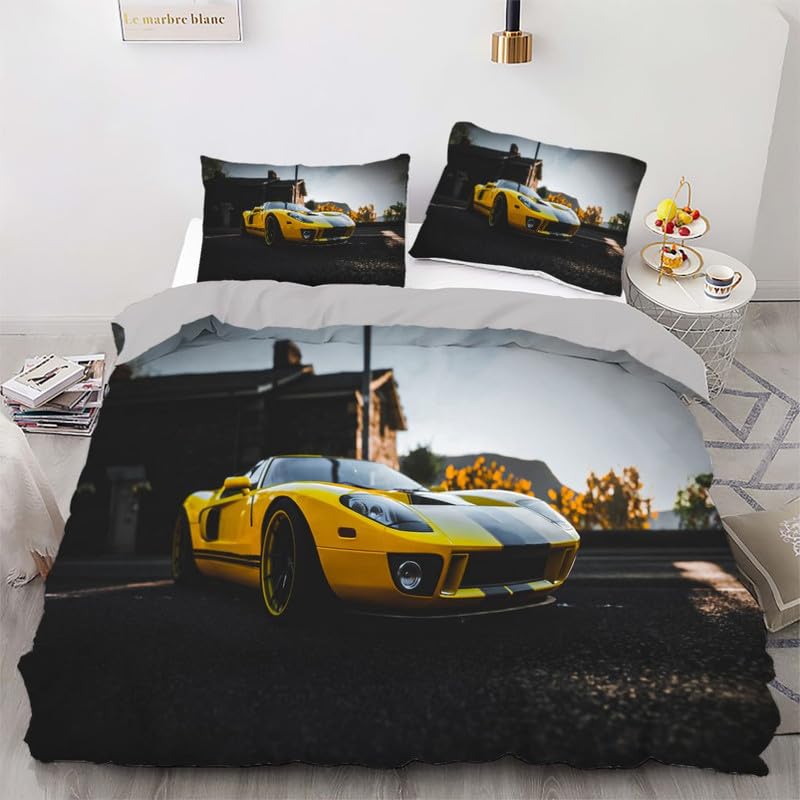 Housse de couette 90x190 voiture jaune facile à laver pour lit d'enfant anti-plis en microfibre