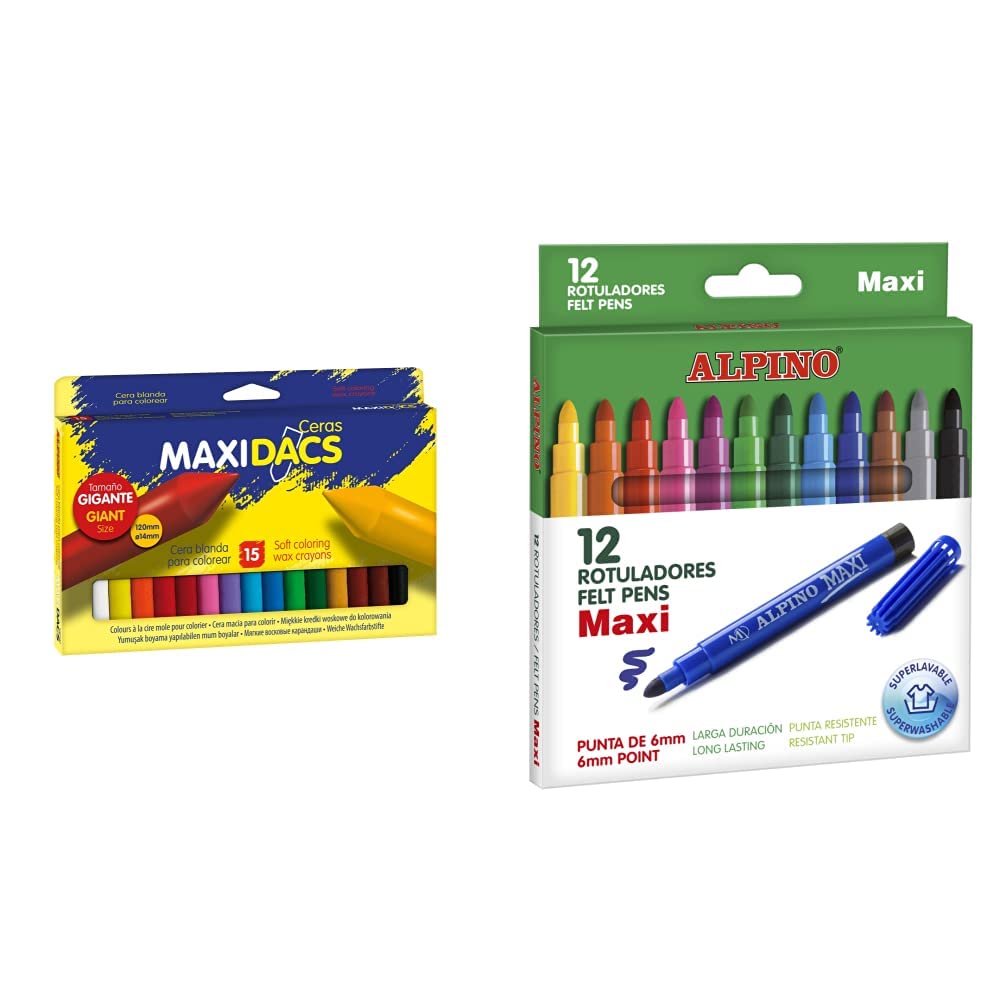 Alpino DX050216 Estuche 15 ceras, Multicolor, Única + AR000006 Estuche 12 rotuladores, Multicolor