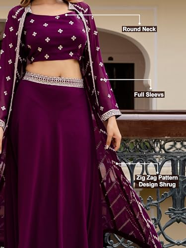 RENDMALLS Women's Georgette Sequin Embroidery Crop Top Lehenga with Shrug Suit Set Ethnic Fusion Wear4