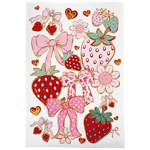 Image of Coquette Strawberry Kitchen Towels, Cute Girly Strawberry Hand Towels for Bathroom Decor, Preppy Pink Bow Fruit Strawberries Dish Tea Towels for Kitchen, 16x24 Inch