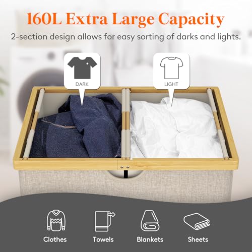 Lifewit 160L Double Laundry Hamper with Lid, Extra Large Bamboo Laundry Basket Dirty Clothes Hamper, 2 Section Laundry Bin Organizer for Laundry Room Bedroom with 2 Removable Liners & Bags, Beige - Cosy Home Interiors Lifewit 160L Double Laundry Hamper with Lid, Extra Large Bamboo Laundry Basket Dirty Clothes Hamper, 2 Section Laundry Bin Organizer for Laundry Room Bedroom with 2 Removable Liners & Bags, Beige - Image 2