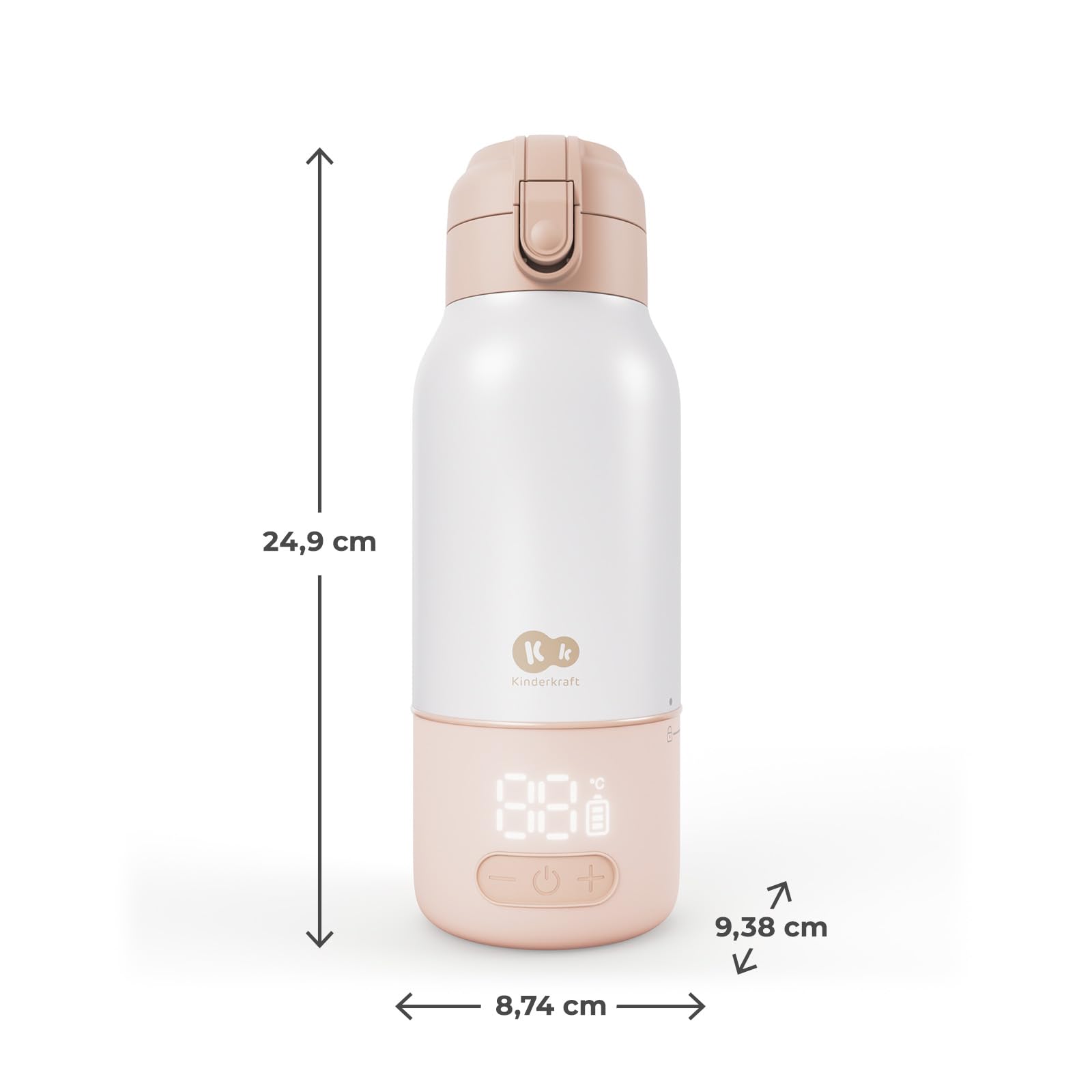 Kinderkraft GAJA Chauffe-Biberon Portable 2 en 1 avec Bouteille Isotherme 500 ml, 5 Températures, Chauffe en 120 sec, Batterie Amovible, USB-C, 10 Cycles, Beige