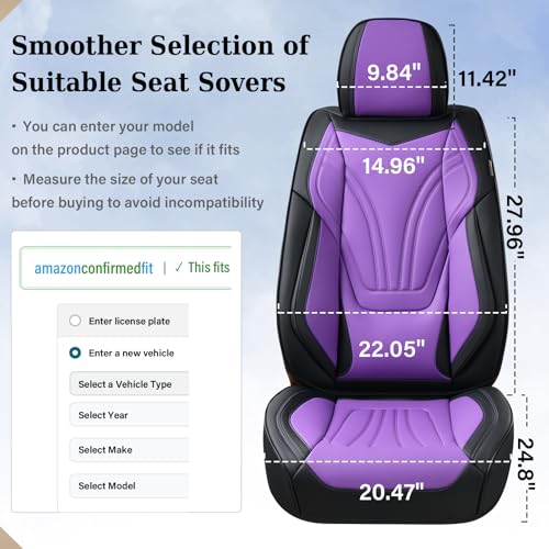 Image of Coverado Car Seat Covers Front Seats, 2 Piece Car Seat Protector with Lumbar Support & Removable Headrest, Breathable Leather Seat Cushion Universal Fit for Truck Automotive Vehicles Purple