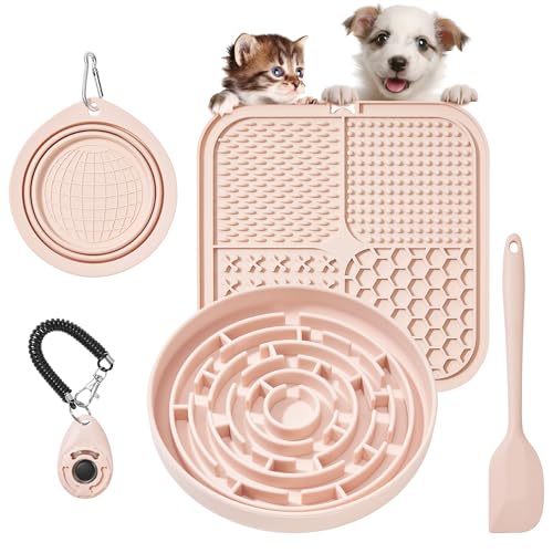 Premium Silicone Slow Feeder Dog Bowl & Lick Pad Set with Suction Cups – Includes Spatula & Training Clicker, Reduces Boredom & Anxiety, Ideal for Medium to Small Dogs & Cats - XAQMHSW