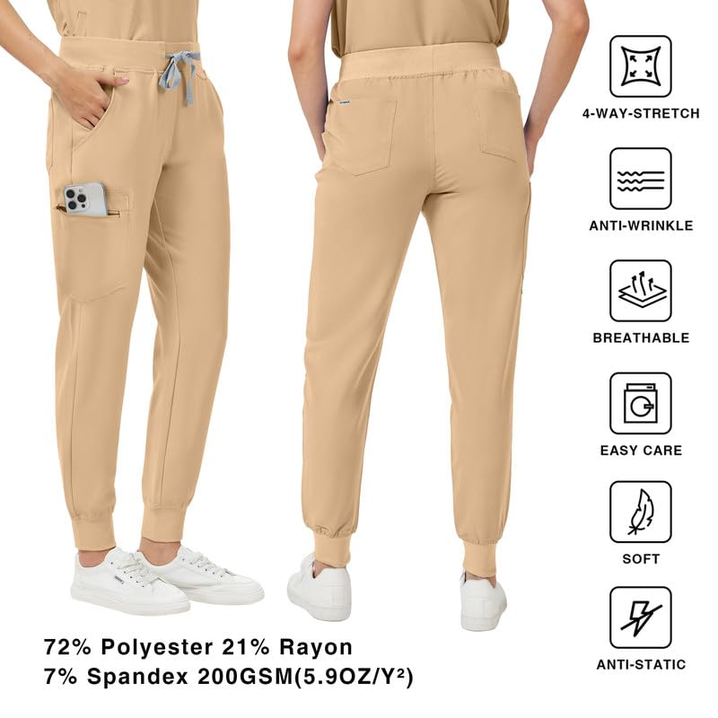 Image of Kitmaz Scrub Pants for Women - Mid Rise 4-Way Stretch Anti-Wrinkle Slim Fit Jogger Pants, Drawstring & 5 Pockets