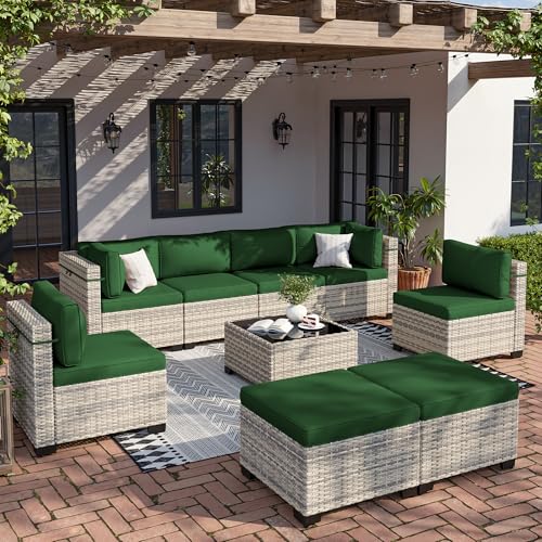 Image of Outdoor PE Wicker Rattan Modular Patio Sectional Sofa Set | 9-Piece: 6 Modular Seats, Coffee Table & 2 Ottomans, Dark Green