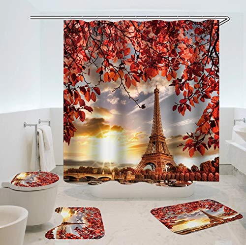 Asffdhley Toilettensitzbezug Mat Set 3D-Baum und Turm Abenddämmerung Printed Badezimmer-wasserdicht Duschvorhang Anti… – Bild 3