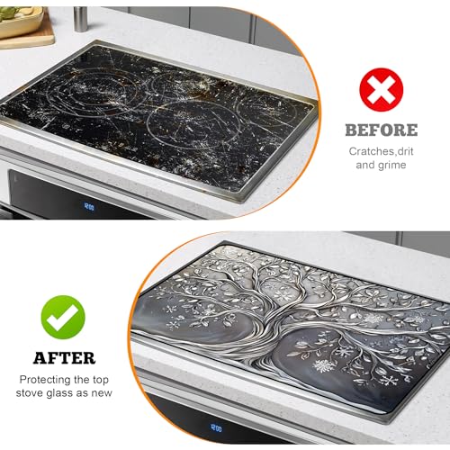 Image of Multi-Design Stove Cover for Glass /Electric Stoves - 3-in-1 Heat-Resistant Protector Mat, Non-Slip Drying Rack 30 inchL x 21 inchW