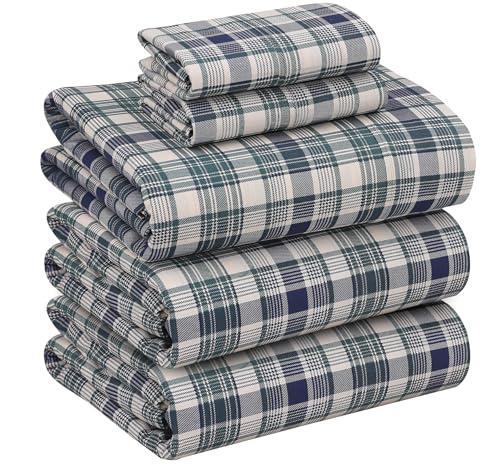 RUVANTI 100% Cotton Split King Sheets Sets for Adjustable Bed, 5 PCs, Soft & Breathable Percale Weave Bedding, Deep Pocket 16", Hotel Standard, Crisp Cool Feel & Durable Sheet, Greenish Blue Plaid