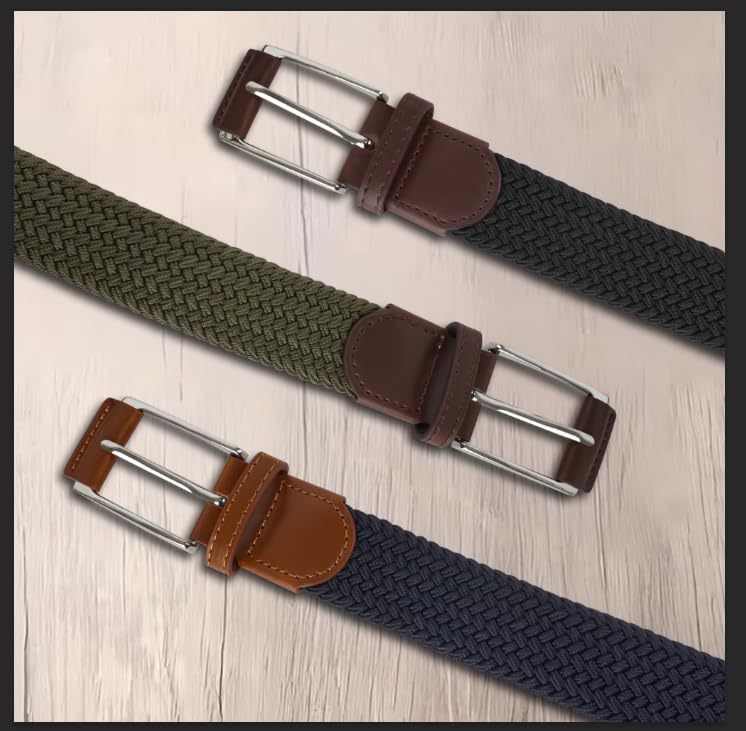 Image of Braided Stretch Belt Mens 3 Pack Woven Belts for Golf & Casual | elastane belts, hole-free fit for all waist, zinc alloy buckle, adjustable fit for golf, jeans, dress pants, and work.