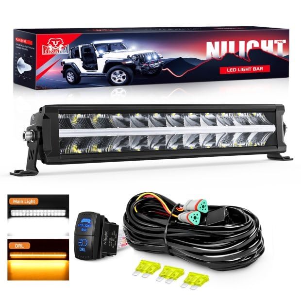 Nilight LED Light Bar with Amber DRL 16 Inch 120W Offroad Light Anti-Glare Flood Spot Combo LED Driving Light IP68 w/ 14 AWG DT Connector Wiring Harness for Pickup Truck SUV ATV UTV Boat 4x4