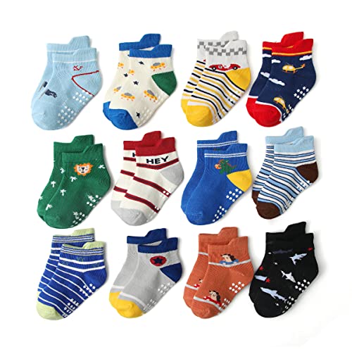 12 pairs Non-Slip Cartoon Kids Socks for Boys&Girls– Combed Cotton, Breathable&Comfortable Socks for Babies&Toddlers (KB158,Large)