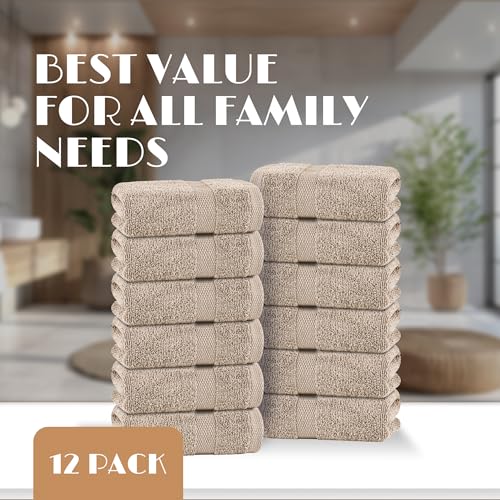 Image of White Classic Taupe Washcloths Set for Body and Face Towel, Cotton Wash Cloths Bulk 12 Pack, Spa Fingertip Wash Clothes 12x12 Inch, Soft Absorbent Gym Towels
