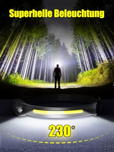 UNBON Stirnlampe LED Wiederaufladbar, LED Kopflampe Stirnlampe Aufladbar USB C Extrem Hell mit 5Lichtmodi 230 Grad Bewegungssensor IPX4… – Ansicht 2