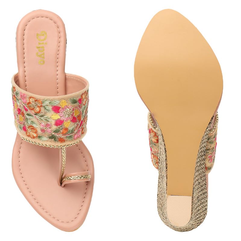 Image of DIPYO Floral Embroidered Ethnic Wedge Heel Slip-On Sandals for Women (Golden, Pink)