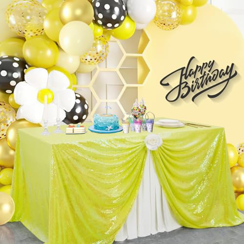 Image of B-COOL Sequin Tablecloth Iridescent Yellow Sparkly Elegant Drape Sequin Tablecloth 90x156 inches for Wedding Party Cake Dessert Events Christmas Decorations
