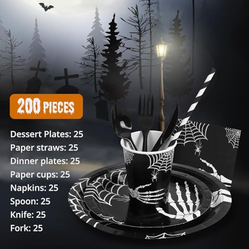 GarveeHome 215 Pcs Halloween Plates and Napkins Set Serve 25, Halloween Hand Bone Disposable Tableware Set, Decorations Includes Plates, Cups, Napkins, Tableware