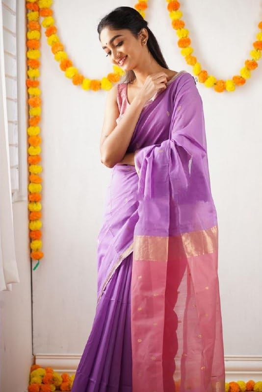 Image of Flosive inchLAVENDER Banarasi Jacquard Cotton Saree with Rich Golden Weaving and Designer Pallu inch