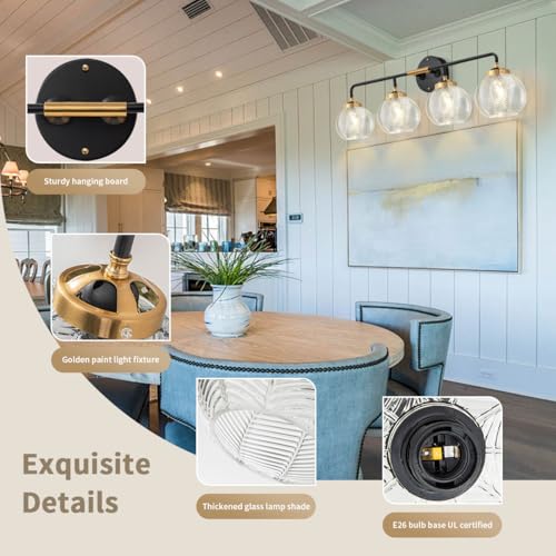 Image of 4-Light Black Gold Bathroom Light Fixture Vanity Light Sconces Wall Decor Set of 2 with Clear Glass Ribbed Globe Shade Bathroom Vanity Lights Above Mirror for Powder Room Farmhouse