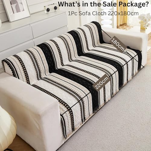 Image of HOMETHREADS Chenille Bohemian Boho Style Sofa Cover | Thick & Soft Luxury Slipcover | Protective, Washable & Stylish Couch Cover for Living Room Decor. (Boho Line Black, 5 Seater | 220x180cm)