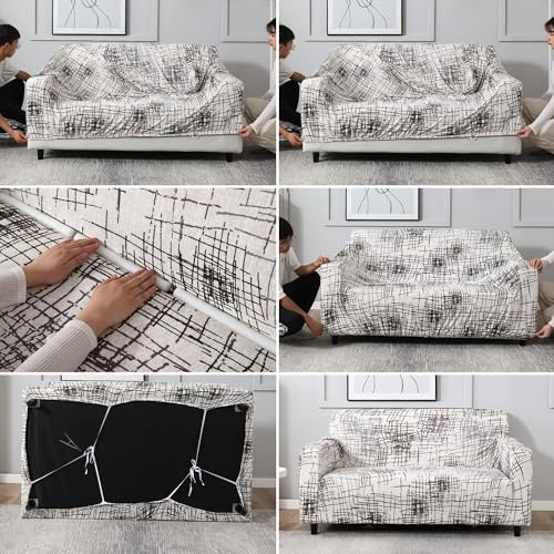 Image of HOKIPO Elastic Stretchable Sofa Cover 4 Seater, Beige Brown Line (NEW-AR-4096-D7)