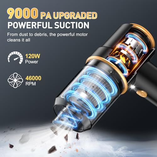 Image of KMM Handheld Car Vacuum Cleaner, 9000PA Vacuum Cleaner & Air Duster, 120W High Power Vacuum Portable Cordless, Hand Held Vacuum Rechargeable with Multi-Nozzles & LED Light for Home, Car, Office